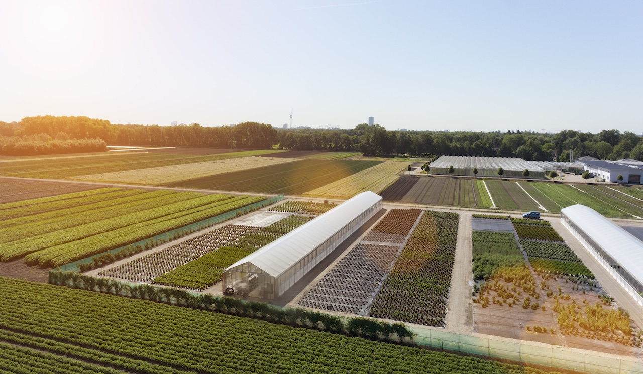 View of fields and greenhouses, Munich, Bavaria, Germany